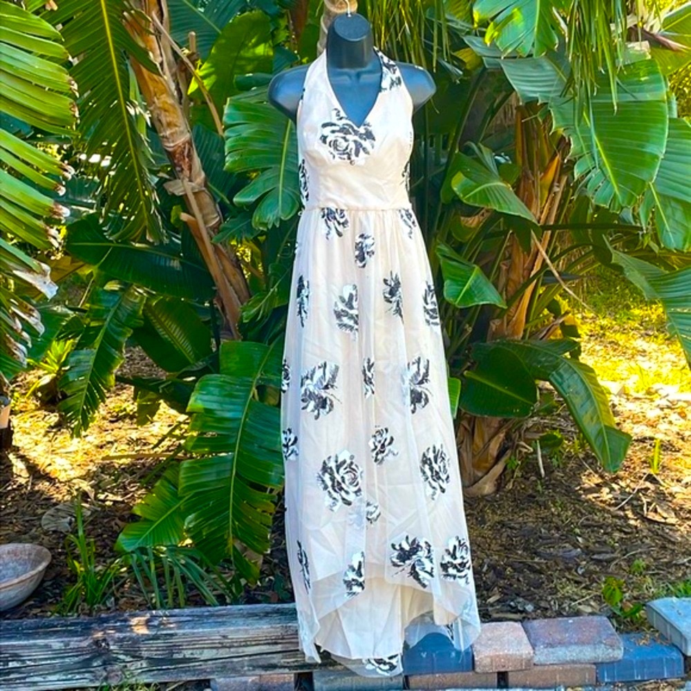 Marina beaded roses and tulle halter asymmetric dress